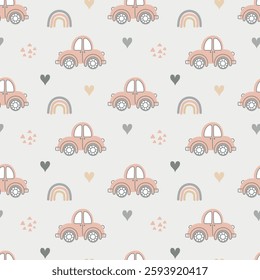 Seamless pattern of hand drawn cars for children in pastel colors. Vector illustration