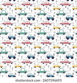 Seamless pattern with hand drawn cars, signs, roads. Cartoon background for print, children, paper, print . trending art vector illustration