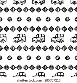 Seamless pattern with hand drawn cars, squares and circles. Elegant background for cards, textile, print or wrapper paper. Black and white endless illustration.