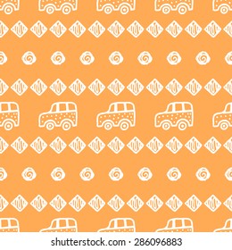 Seamless pattern with hand drawn cars, squares and circles. Elegant background for cards, textile, print or wrapper paper. Orange and white endless pattern.