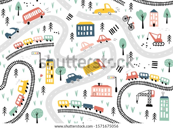 Seamless pattern with hand\
drawn cars, trains and road. Cartoon background for Kids. Vector\
illustrations