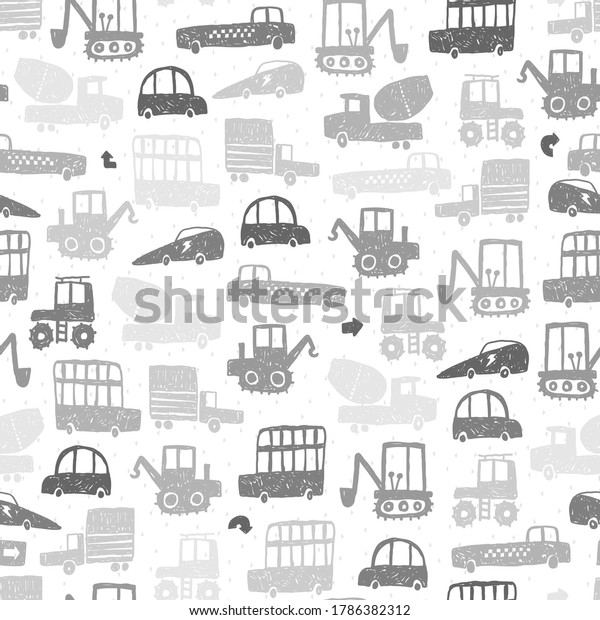 Seamless pattern with hand drawn cars.\
Creative childish texture for fabric, wrapping, textile, wallpaper,\
apparel. Vector illustration. Grey\
background.