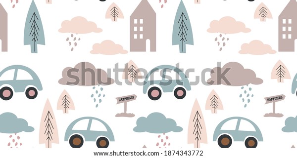 \
Seamless pattern\
with hand drawn cars, houses and trees. Cartoon background for\
children. Vector\
illustration\
