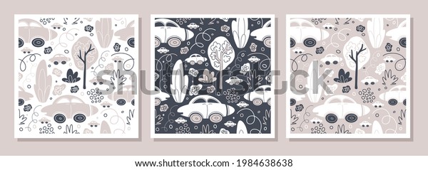Seamless pattern with hand drawn cars,\
trees, flowers and road. Cartoon background for Kids. Vector\
illustrations Pattern for textile, print, background, highlights,\
nursery. Vector\
illustration