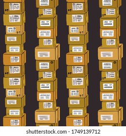 Seamless pattern with hand drawn carton boxes on dark background. Vertical wallpaper of flat style shipping packaging with address stickers and labelling sings. Postal texture with cartoon parcels