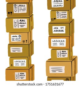 Seamless pattern with hand drawn carton boxes. Vertical background of flat style shipping package with address stickers. Delivery backdrop with labelling fragile, this side up, keep away from water