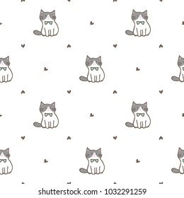 Seamless Pattern of Hand Drawn Cartoon Cat and Heart Design on White Background