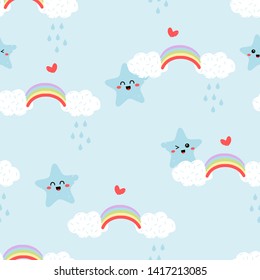 Seamless Pattern with hand drawn Cartoon Star, Cloud and Rainbow on light blue Background