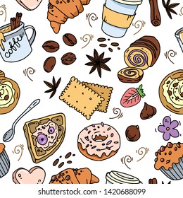 Seamless pattern with hand drawn cartoon cups of coffee and desserts. 