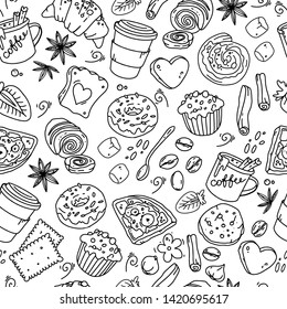 Seamless pattern with hand drawn cartoon cups of coffee and desserts. Menu design, shop wrapping paper.