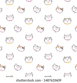 Seamless Pattern of Hand Drawn Cartoon Cat Face Design on White Background