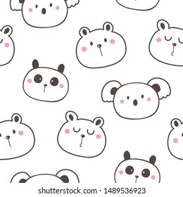 Seamless Pattern of Hand Drawn Cartoon Bear, Panda, Koala Face Design on White Background