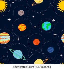 Seamless pattern with hand drawn cartoon planets of the solar system. Planets with dark blue background with shining stars. Children's education, wallpaper, background, wrapping paper or textiles. 