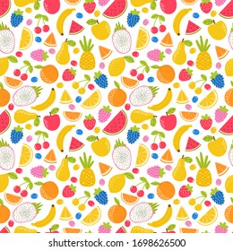 Seamless pattern with hand drawn cartoon fruit. Summer tropical healthy food. Cute background. Vector illustration