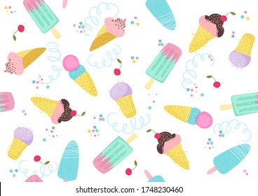 Seamless pattern with hand drawn cartoon ice cream