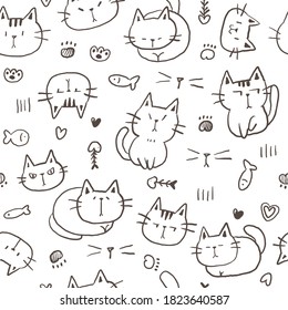 Nahtloses Muster mit handgezeichnetem Cartoon-Cat-Design auf weißem Hintergrund