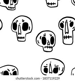 Seamless pattern with Hand drawn cartoon skull. Funny cartoon skull isolated on white background. Vector illustration.