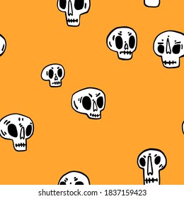 Seamless pattern with Hand drawn cartoon skull. Funny cartoon skull isolated on white background. Vector illustration.
