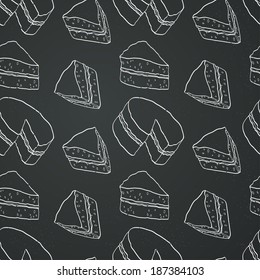 Seamless pattern with hand drawn cartoon doodle cake and cake slices on chalkboard background. 