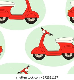 Seamless pattern with hand drawn cartoon scooters. Tiling background with doodle motorbikes.