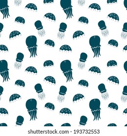 Seamless pattern with hand drawn cartoon jellyfish silhouettes on white background. Eps 10 tiling background.