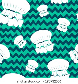 Seamless pattern with hand drawn cartoon jellyfish silhouettes on doodle geometric chevron background. Eps 10 tiling background.
