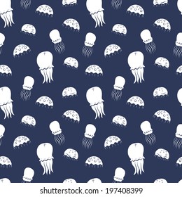 Seamless pattern with hand drawn cartoon jellyfish silhouettes on dark background. Eps 10 tiling background.