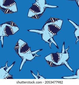 Seamless pattern of a hand drawn cartoon shark background elements