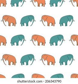 Seamless pattern with hand drawn cartoon colorful elephants, vector illustration with doodles