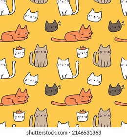 Seamless Pattern with Hand Drawn Cartoon Cat Design on Yellow Background