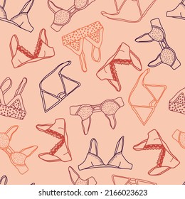 Seamless pattern with hand drawn cartoon outlines of tops, bras, bralettes. Cute swimwear icons for social networks, stories, advertisements, shops. Summer beach illustrations