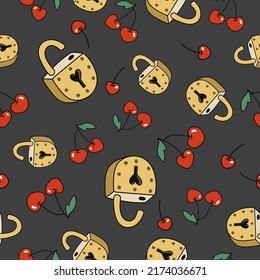 Seamless pattern in hand drawn cartoon retro style. Door locks with hearts and cherry. vector seamless texture. Valentines day background