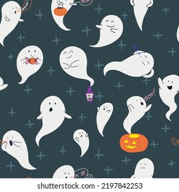 Seamless pattern with hand drawn cartoon ghosts. Tiling background for halloween wallpaper, wrapping paper, greeting card, invitation and decoration