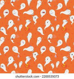 Seamless pattern with hand drawn cartoon ghosts. Tiling background for halloween wallpaper, wrapping paper, greeting card, invitation and decoration