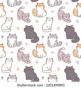 Seamless Pattern with Hand Drawn Cartoon Cat Design on White Background