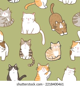 Seamless Pattern with Hand Drawn Cartoon Cat Design on Green Background