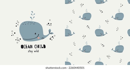 Seamless pattern with hand drawn cartoon little whale and shirt design for kids. Vector illustration for kids clothing, fabric, nursery decoration, textile, surface design. Isolated objects