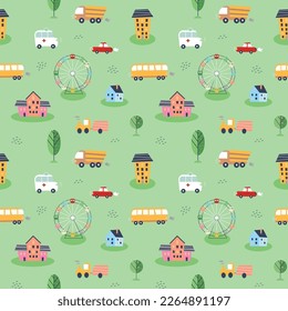 Seamless pattern with hand drawn cartoon car, hous, bus, trees, traffic light, ferris wheel. Perfect for kids fabric,textile,nursery wallpaper. Vector illustration. EPS 10