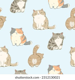 Seamless Pattern of Hand Drawn Cartoon Cat Design on Light Blue Background