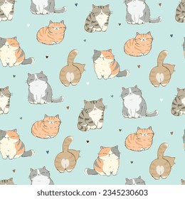 Seamless Pattern of Hand Drawn Cartoon Cat Design on Pastel Green Background