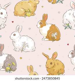 Seamless pattern with hand drawn cartoon rabbit, flowers and hearts on pink background. Fabric, wallpaper, textile, wrap design template with cute animals. Vector illustration