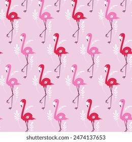 Seamless pattern with hand drawn cartoon flamingo on pink background. Textile, wallpaper, wrapping paper design template with tropical birds. Vector illustration