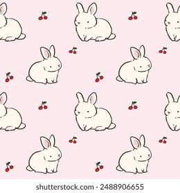 Seamless Pattern with Hand Drawn Cartoon Rabbit and Cherry Design on Light Pink Background