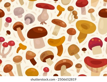 Seamless pattern with hand drawn cartoon mushrooms. Autumn edible fungi wallpaper, wrapping paper, textile design template. Cartoon nature or food background. Vector illustration