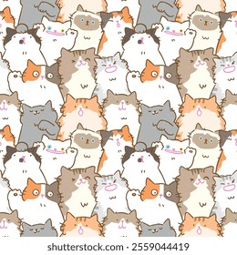 Seamless Pattern of Hand Drawn Cartoon Cat Design. Hand Drawn Vector Illustration. Not AI Generated.