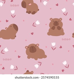 Seamless pattern with hand drawn cartoon capybara, flowers and hearts on pink background. Vector illustration with animals for fabric, Valentine's Day, clothes, card.