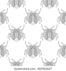 Seamless pattern with hand drawn cartoon beetle. Wallpaper, wrapper, fabric, textile, cover.