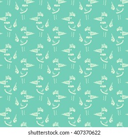 Seamless pattern with hand drawn cartoon roosters. Bird tiling background.