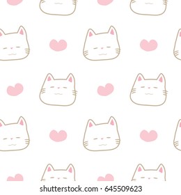 Seamless Pattern of Hand Drawn Cartoon Cat on White Background