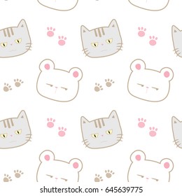 Seamless Pattern of Hand Drawn Cartoon Cat and Bear on White Background